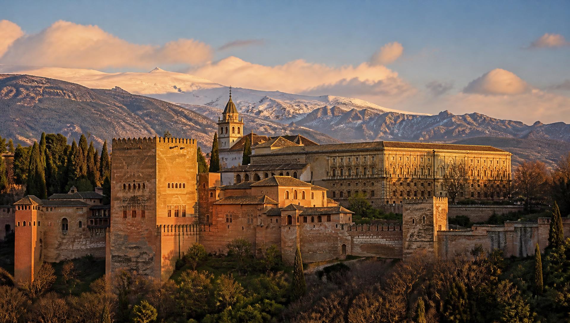 Vista de la Alhambra de Granada con Sierra Nevada al fondo